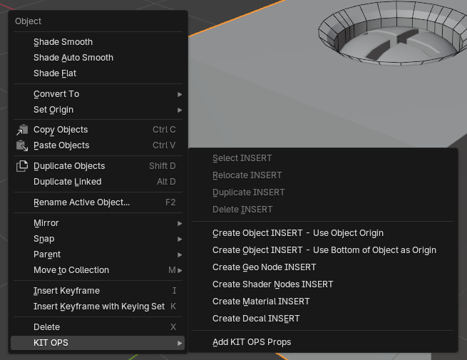 The right-click Object context menu open at the KIT OPS submenu, showing the Create Object INSERT items