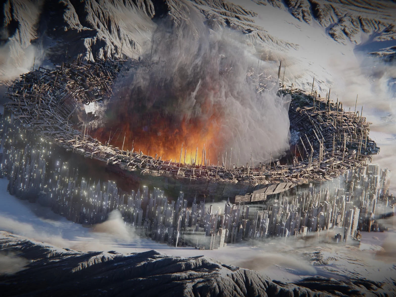 A ringed crater city erupting with smoke and fire, its walls dense with displacement detail