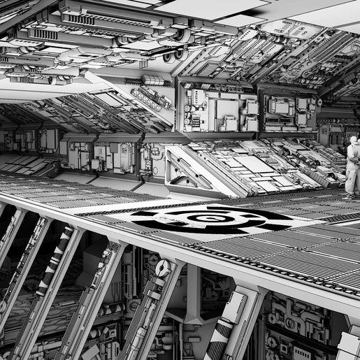 SPOCK-packed hangar interior, clay wireframe render